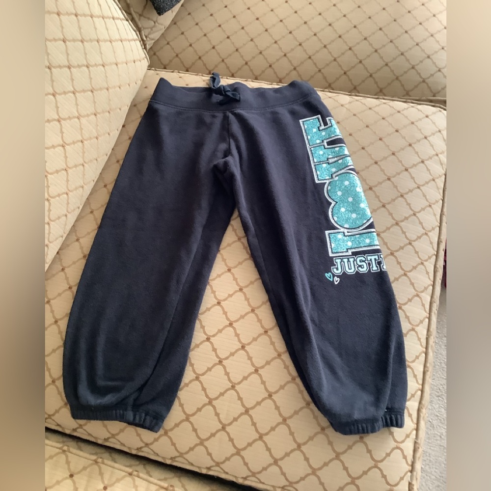 Justice black sweatpants blue L-O-V-E on the side with sparkles these ar…